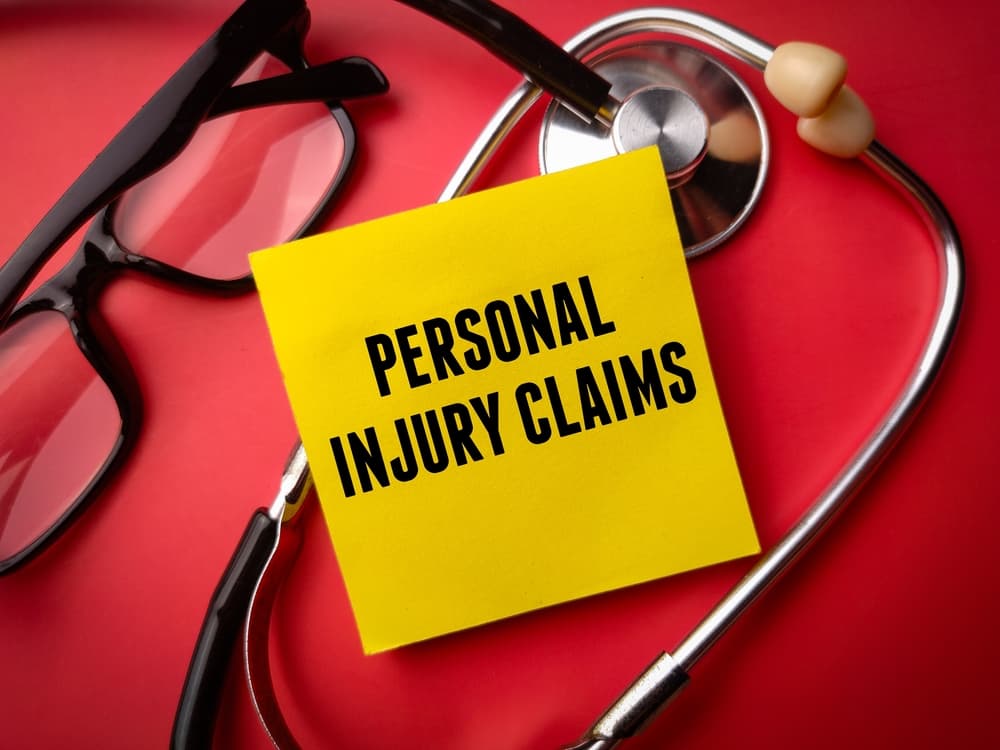 A stethoscope and a sticky note reading "PERSONAL INJURY CLAIMS" are displayed on a red background.