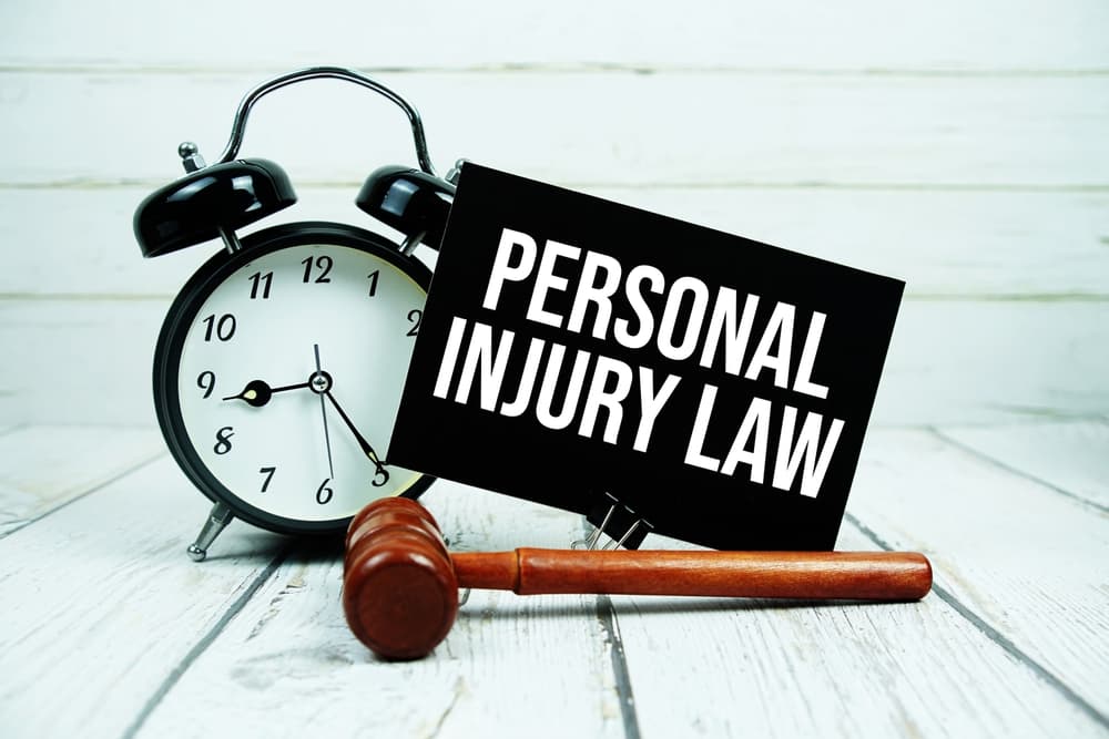"Personal Injury Law" written on a paper card, placed beside an alarm clock and a wooden judge's gavel on a wooden background.